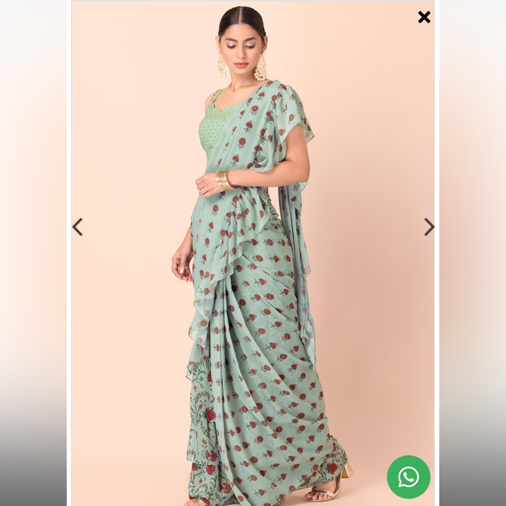 Mint Floral Ruffled Pre-Stitched Saree (Without Blouse)